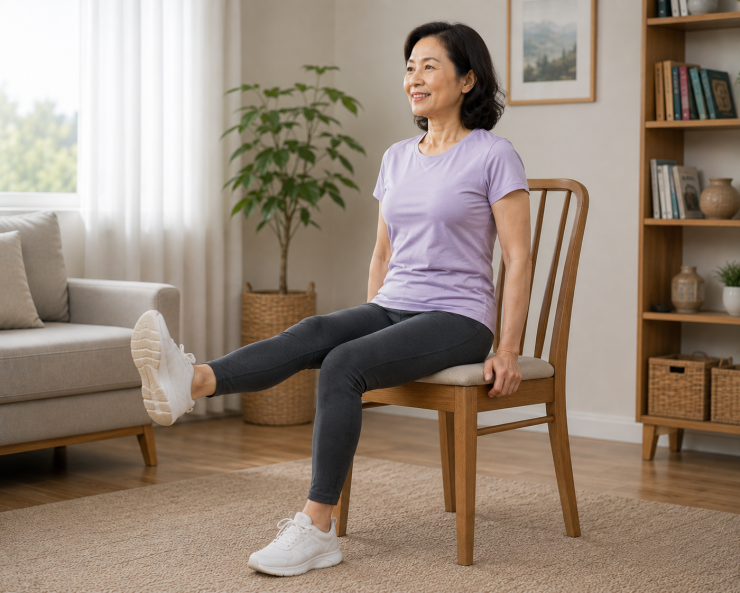 Động tác duỗi chân khi ngồi giúp tăng sức mạnh cơ tứ đầu đùi, hỗ trợ đứng lên, đi lại dễ dàng hơn. Ảnh: AI.