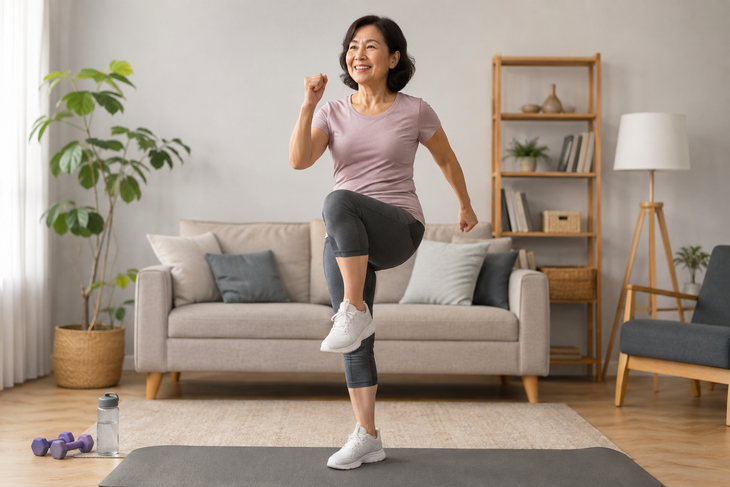 Đi bộ tại chỗ kết hợp nâng cao gối sẽ khiến nhịp tim tăng dần mà không tạo lực va đập mạnh lên khớp. Ảnh AI.