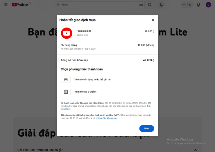 Gói YouTube Premium Lite giá 49.000 đồng tại Việt Nam. Ảnh chụp màn hình.