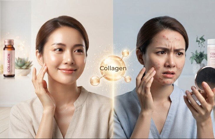 Nhiều người cho biết da trở nên rạng rỡ hơn sau thời gian sử dụng collagen, không ít người khác không cảm thấy gì khác biệt, thậm chí còn bị nổi mụn nhiều hơn. Ảnh minh họa AI.