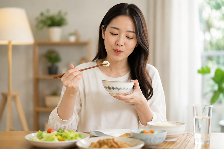 Ăn chậm, nhai kỹ với từng miếng nhỏ sẽ cảm nhận được hương vị thức ăn, giúp não bộ nhận được tín hiệu no và hỗ trợ giảm cân. Ảnh minh họa AI.