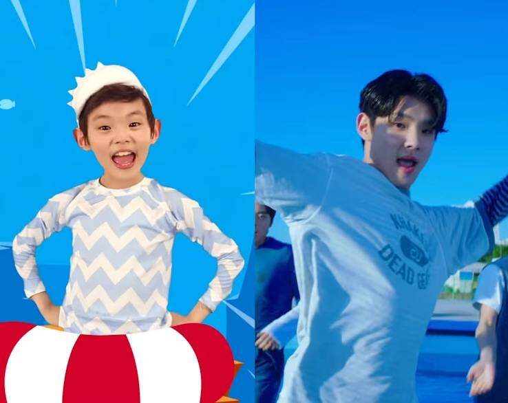 Park Geon-roung 10 năm trước và hiện tại. Ảnh: YouTube/Pinkfong, Baby Shark Boy