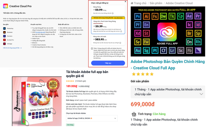 Mức chênh lệch rất lớn giữa phần mềm Adobe mua trực tiếp từ hãng và các gói được rao bán trên mạng. (Ảnh chụp màn hình)