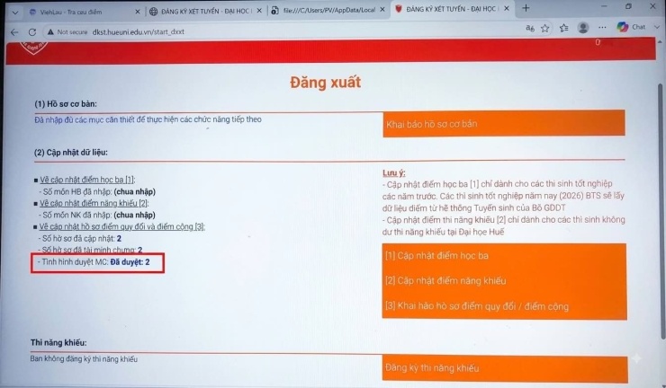 Thông tin trả về cho Khánh sau khi nộp minh chứng xét tuyển trên hệ thống của Đại học Huế. Ảnh chụp màn hình: Nhân vật cung cấp