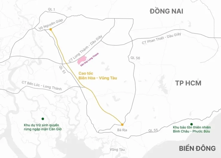 Hướng tuyến cao tốc TP HCM - Long Thành. Đồ họa: Hoàng Thanh