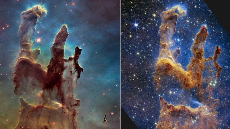 Hình ảnh của The Pillars of Creation qua lăng kính của Hubble và Webb đặt cạnh nhau.