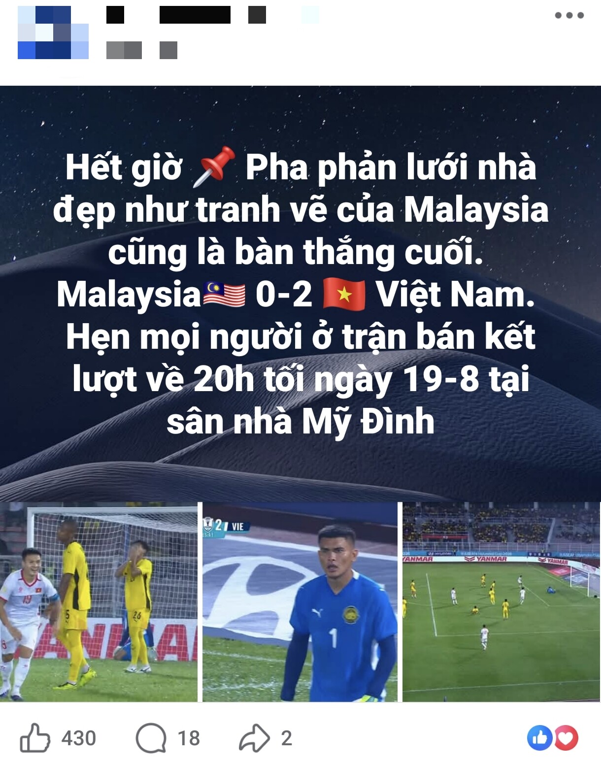 Đội tuyển Việt Nam thắng 2 - 0 ở trận lượt đi, hẹn gặp lại Malaysia ở lượt về.