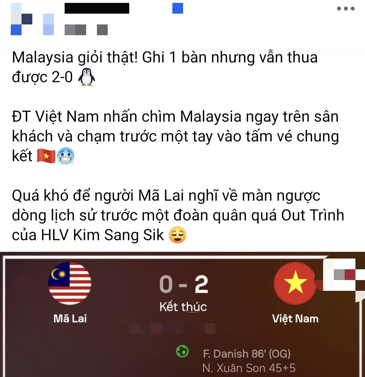  Việt Nam ghi 1 bàn nhưng lại thắng 2 - 0 nhờ pha phản lưới nhà của đội bạn.