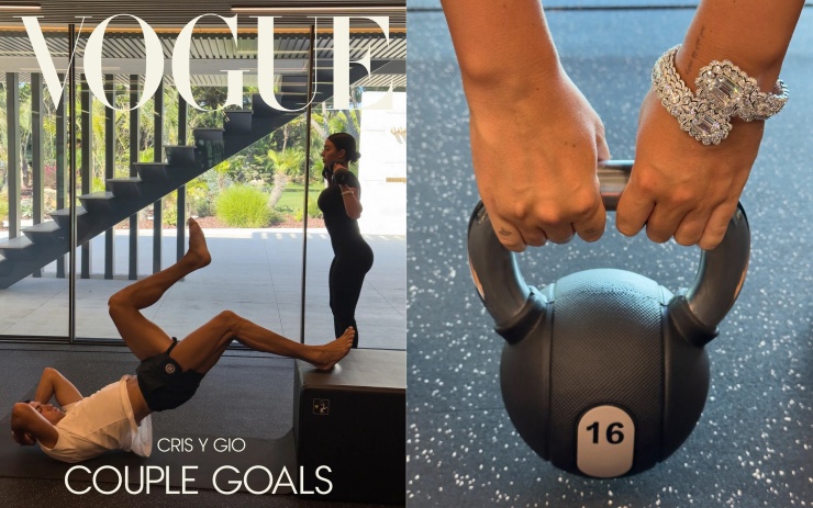 Cô đeo vòng tay kim cương khi tập gym cùng chồng. Ảnh: Juergen Teller/ Vogue