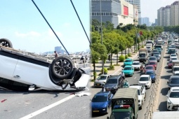 Cầu Nhật Tân ùn tắc hơn 3 km sau hai vụ tai nạn liên hoàn