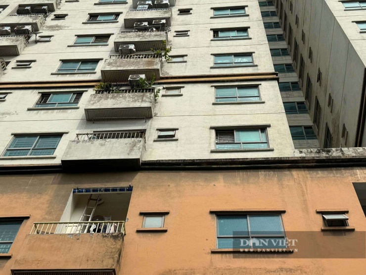 Sau hơn một thập kỷ đưa vào sử dụng, nhiều mảng tường tại CT6 Kiến Hưng phủ rêu, nấm mốc, bong tróc, cho thấy dấu hiệu xuống cấp rõ rệt. Ảnh: Anh Văn