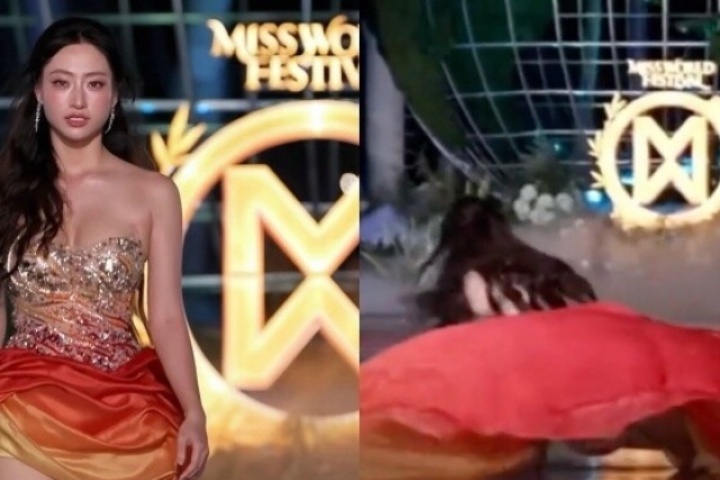 Lương Thùy Linh ngã trên sân khấu Miss World