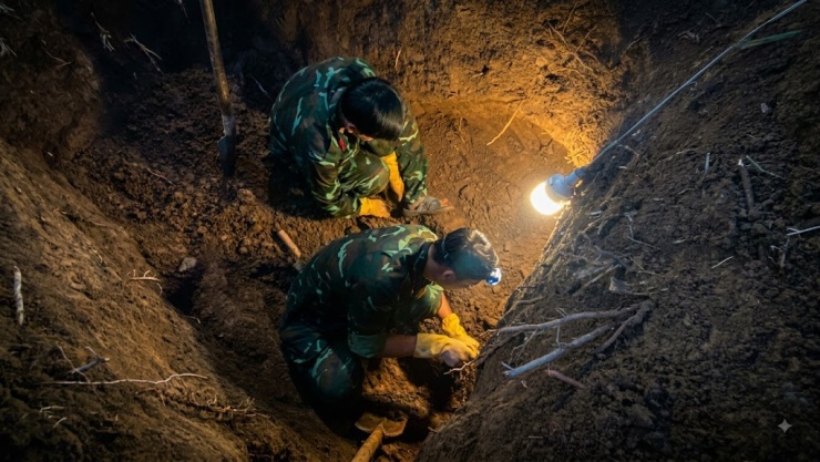 Đội K91 đào tìm trong vườn dừa ở biên giới, quy tập hài cốt liệt sĩ. Ảnh: Trung Thắng