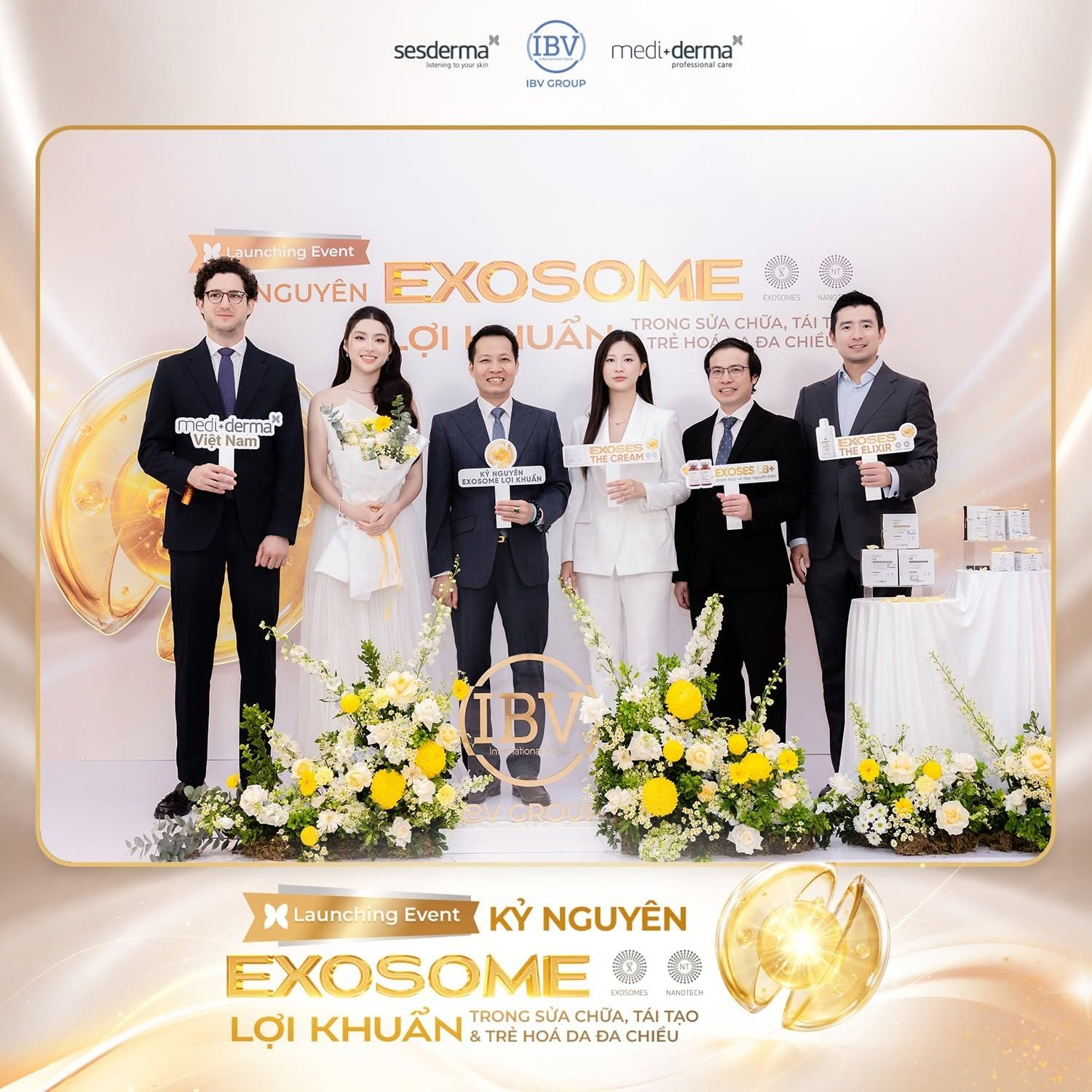 Lãnh đạo Sesderma Group &amp; IBV Group chụp lưu niệm cùng Hoa hậu Miss World Việt Nam 2025 cùng các diễn giả tại sự kiện