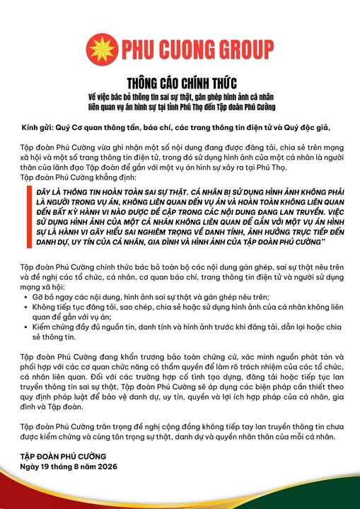 Thông báo của Phú Cường trên&nbsp;fanpage tích xanh "Tập đoàn Phú Cường".