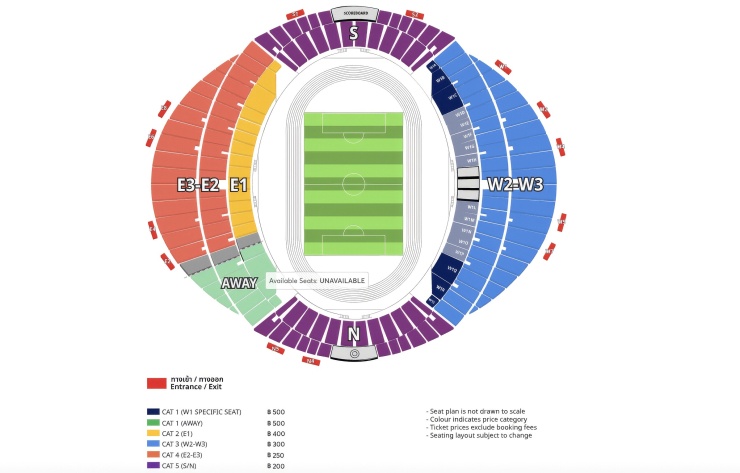 Sơ đồ và mức giá vé trên sân Rajamangala, nơi diễn ra lượt đi chung kết ASEAN Cup 2026 giữa Thái Lan - khu vực AWAY (giành cho khán giả đội khách) đã hết vé.