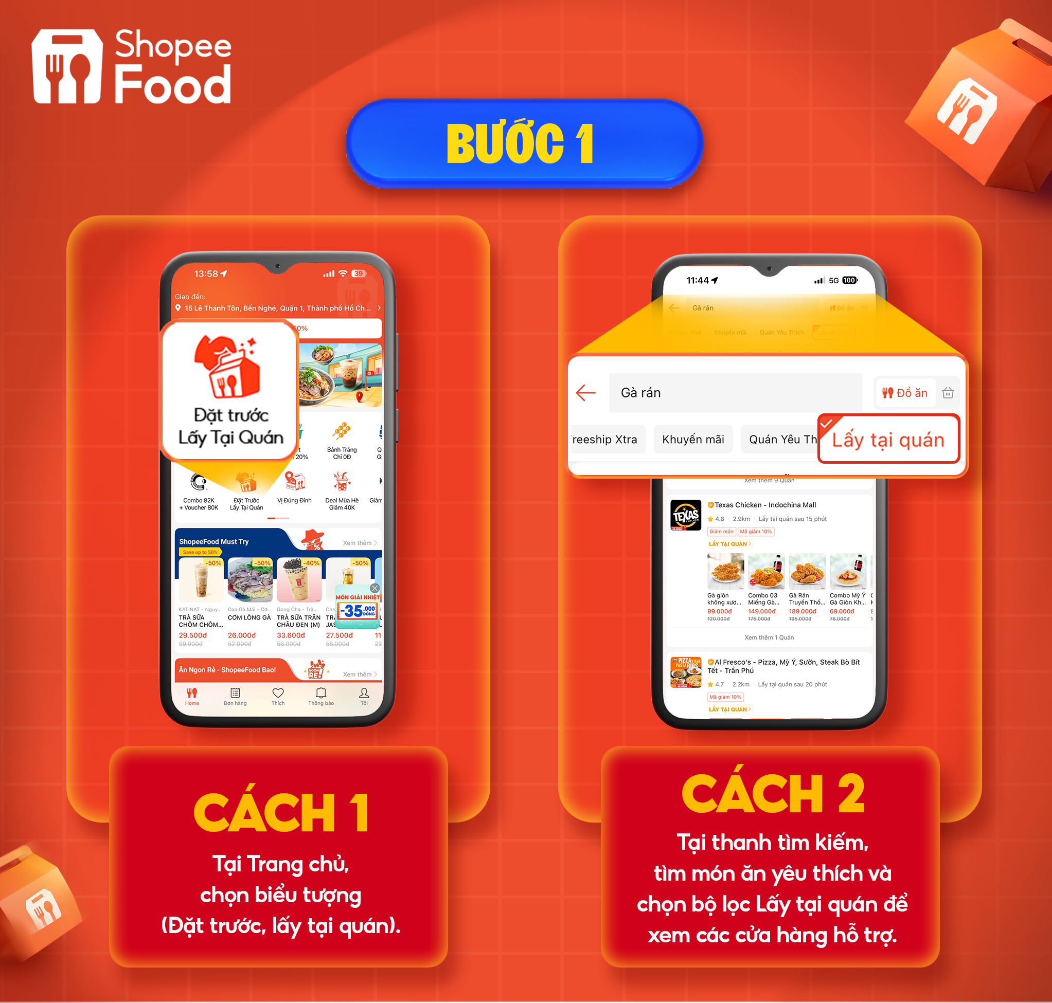 Bạn có thể tìm thấy dễ dàng các quán ăn, cửa hàng hỗ trợ hình thức “Đặt trước, lấy tại quán” trên ShopeeFood.
