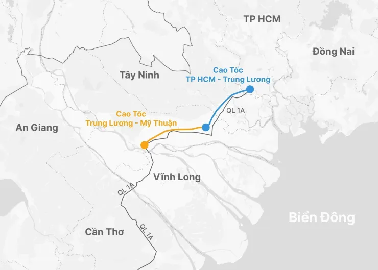 Hướng tuyến cao tốc TP HCM - Trung Lương. Đồ họa: Hoàng Thanh