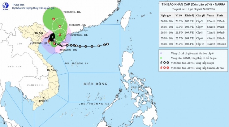 Bản đồ dự báo quỹ đạo và cường độ bão lúc 11h00 ngày 24/8/2026.