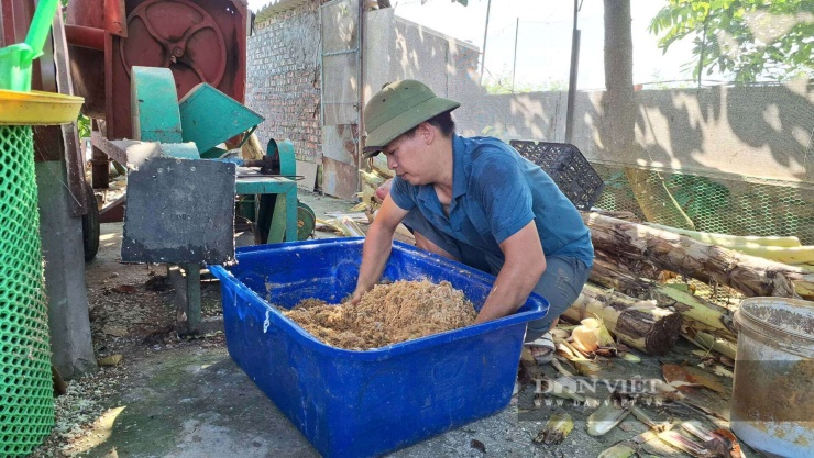 Anh Phạm Văn Khánh (xã Tân Minh, TP Hải Phòng) sử dụng máy phay chuối và rau trộn cám cho gà đẻ trứng. Ảnh: Thu Thuỷ.