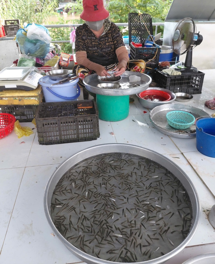Tiểu thương chợ Thống Linh làm sạch cá linh cho người mua. Ảnh: Ngọc Tài