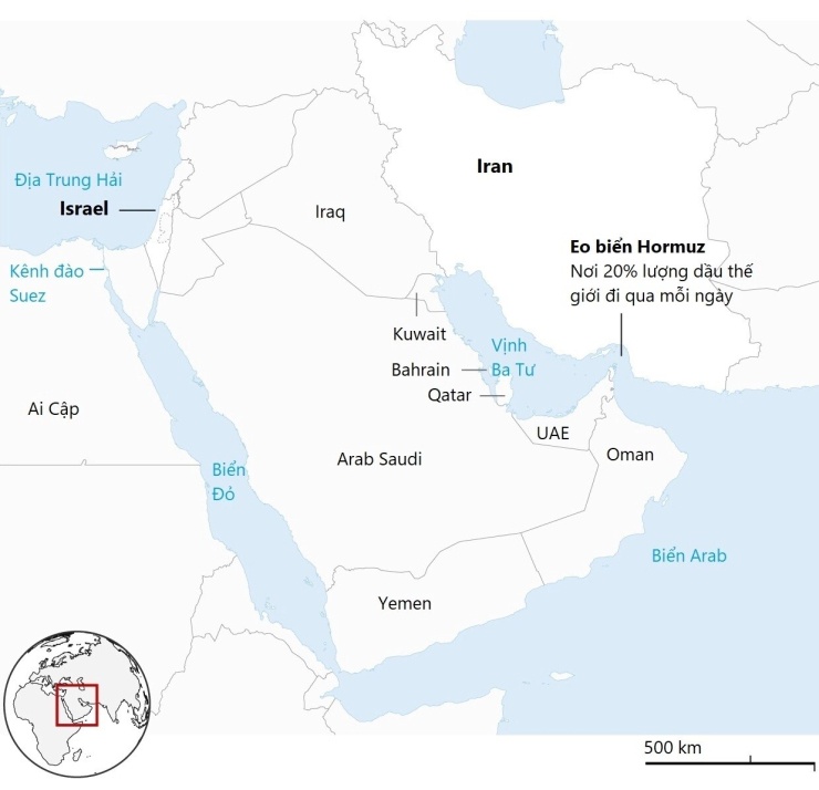 Vị trí Iran và Israel. Đồ họa: Guardian