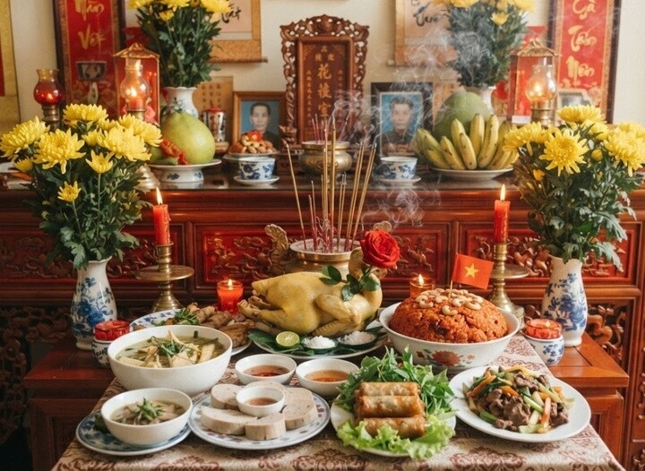 Mâm cúng gia tiên ngày rằm tháng 7. (Ảnh minh họa: AI)