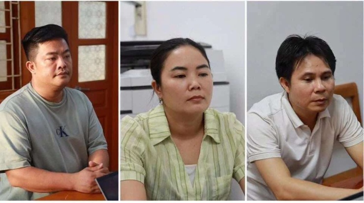 Các bị can Vũ Hoàng Hải (tức Hải Sapa TV), Bùi Thị Kim Tuyên và Phạm Văn Hà trong vụ án đang được Công an tỉnh Lào Cai điều tra. Ảnh: Công an tỉnh Lào Cai.