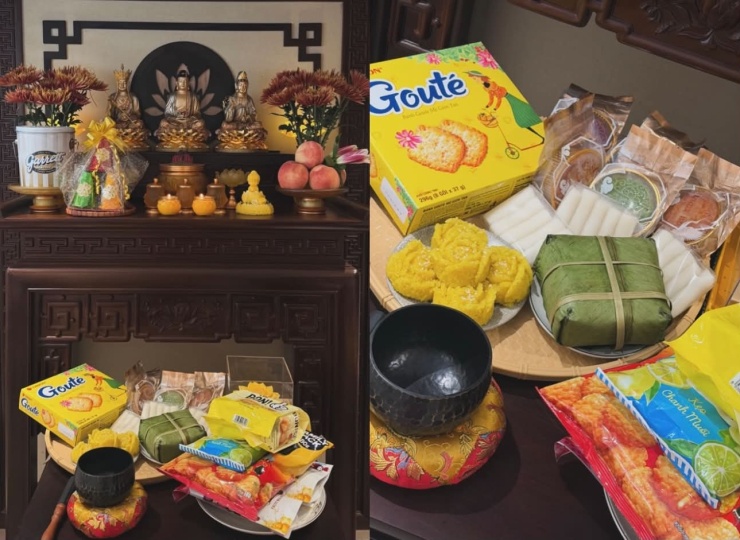 Mâm lễ ban Phật gồm bánh chưng, xôi, đồ ngọt.