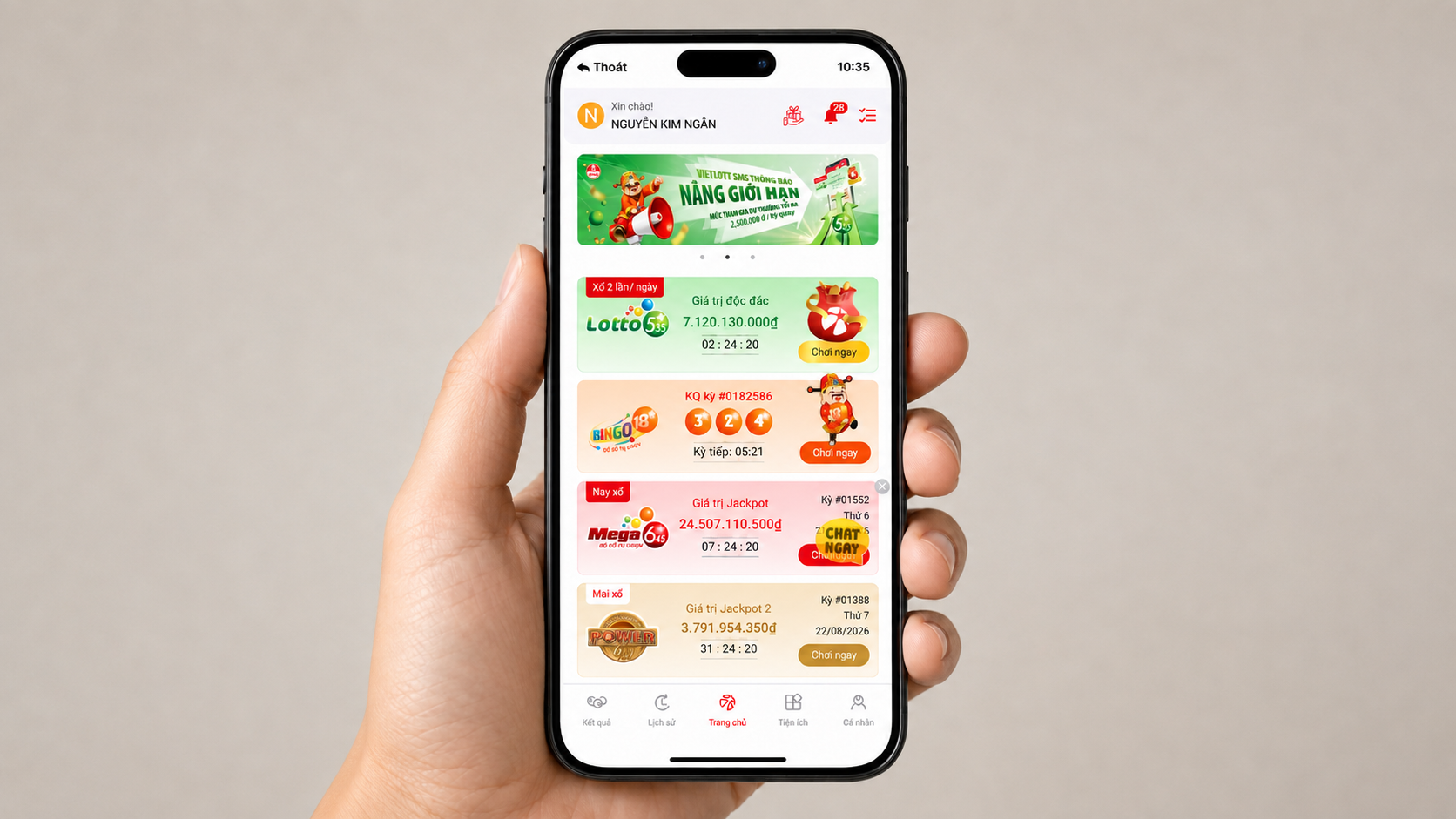 Người chơi có thể mua Vietlott SMS ngay trên ứng dụng BIDV SmartBanking.