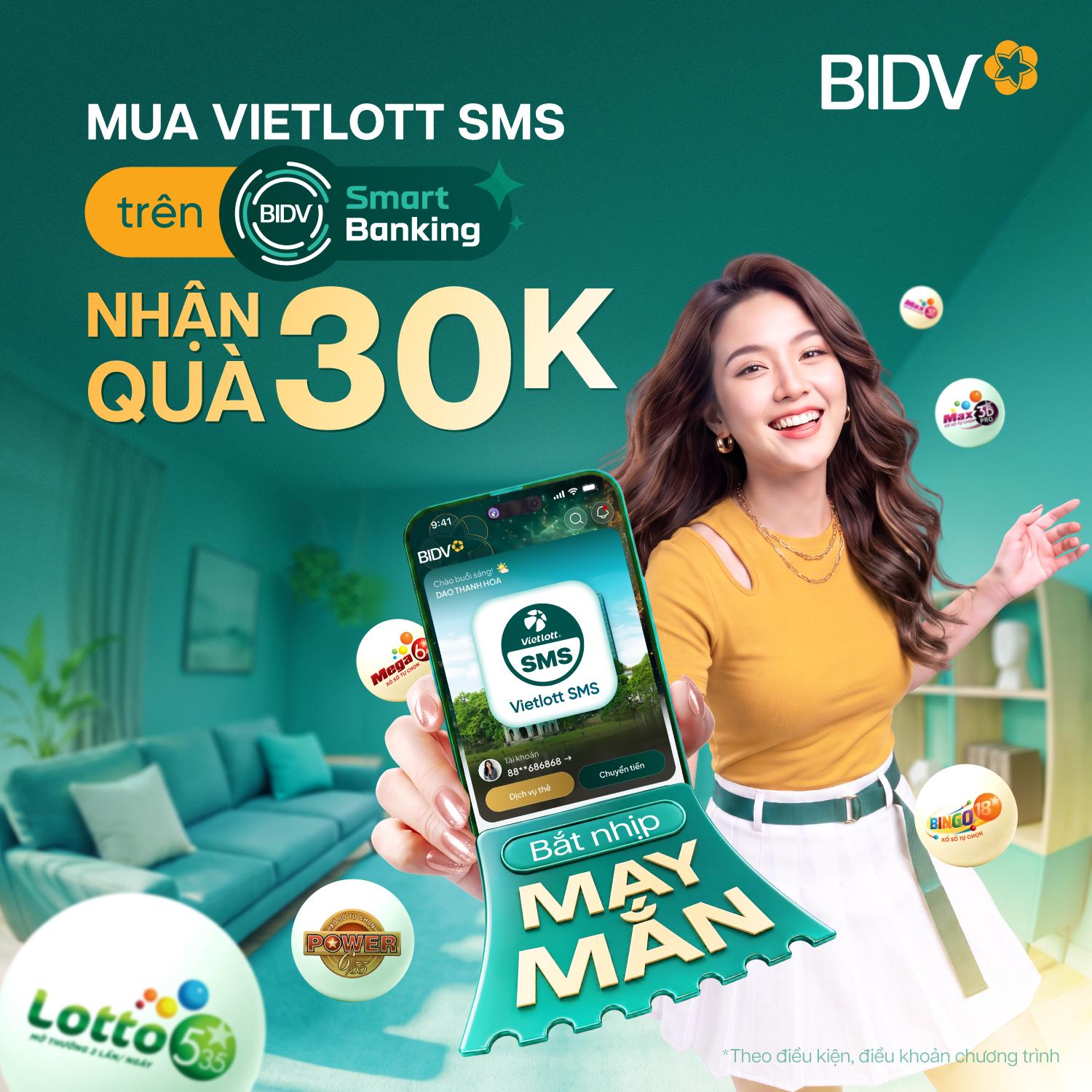 BIDV “nhả vía” tặng 30.000 đồng cho người mới lần đầu mua Vietlott trên ứng dụng BIDV SmartBanking.