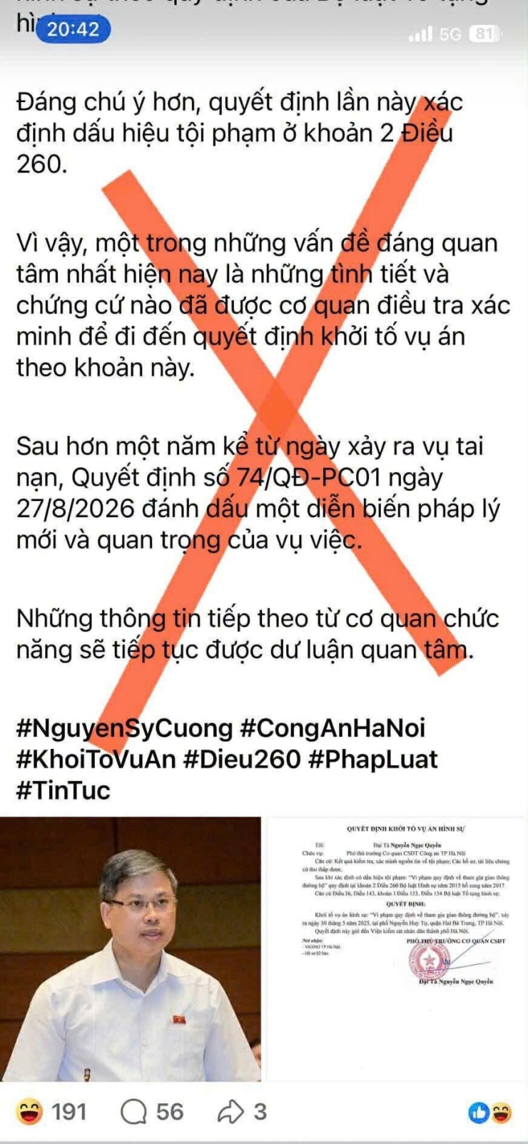 Thông tin giả mạo bị lan truyền. Ảnh: Công an thành phố Hà Nội