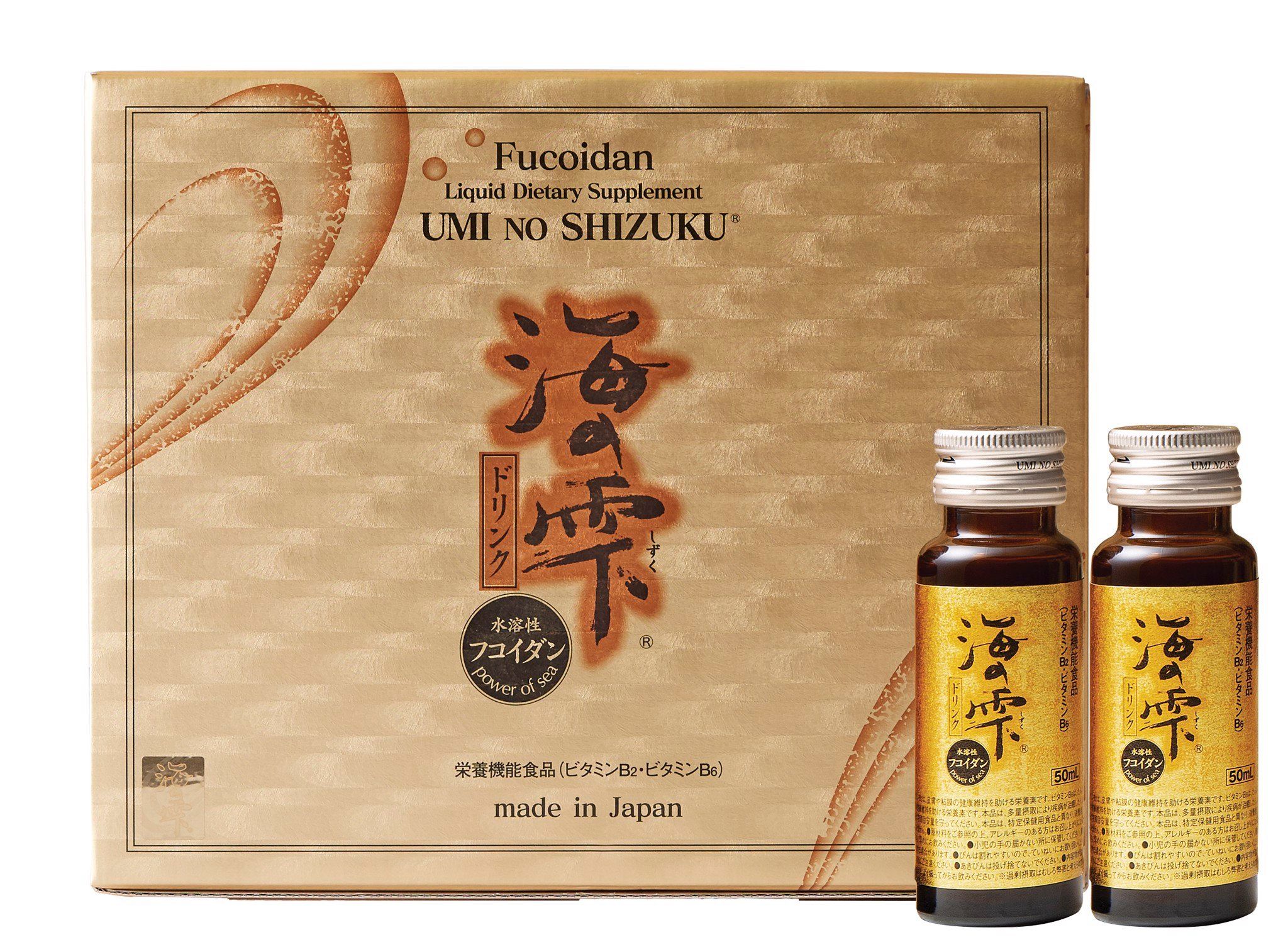 Thực phẩm bảo vệ sức khỏe Fucoidan Umi No Shizuku dạng nước, với sự kết hợp từ fucoidan chiết xuất tảo nâu Mozuku, tảo nâu Mekabu và bột tinh chế từ nấm Agaricus. Ảnh:&nbsp;Umi No Shizuku