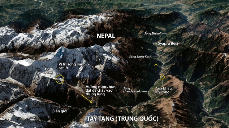 Vị trí sông băng sạt lở trên dãy Himalaya. Đồ họa: Guardian