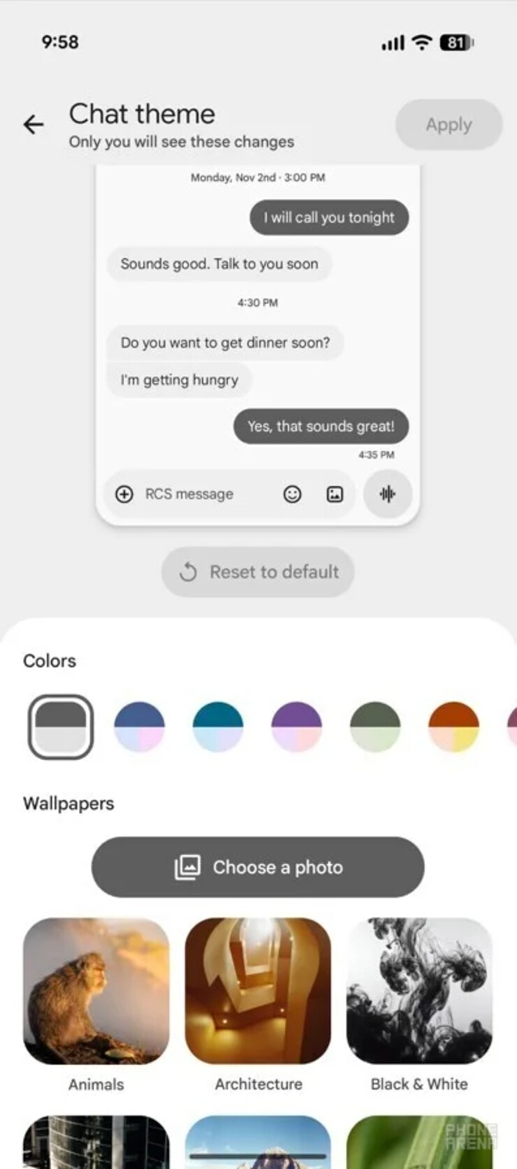 Tùy chọn Chat theme trong Google Messages. 