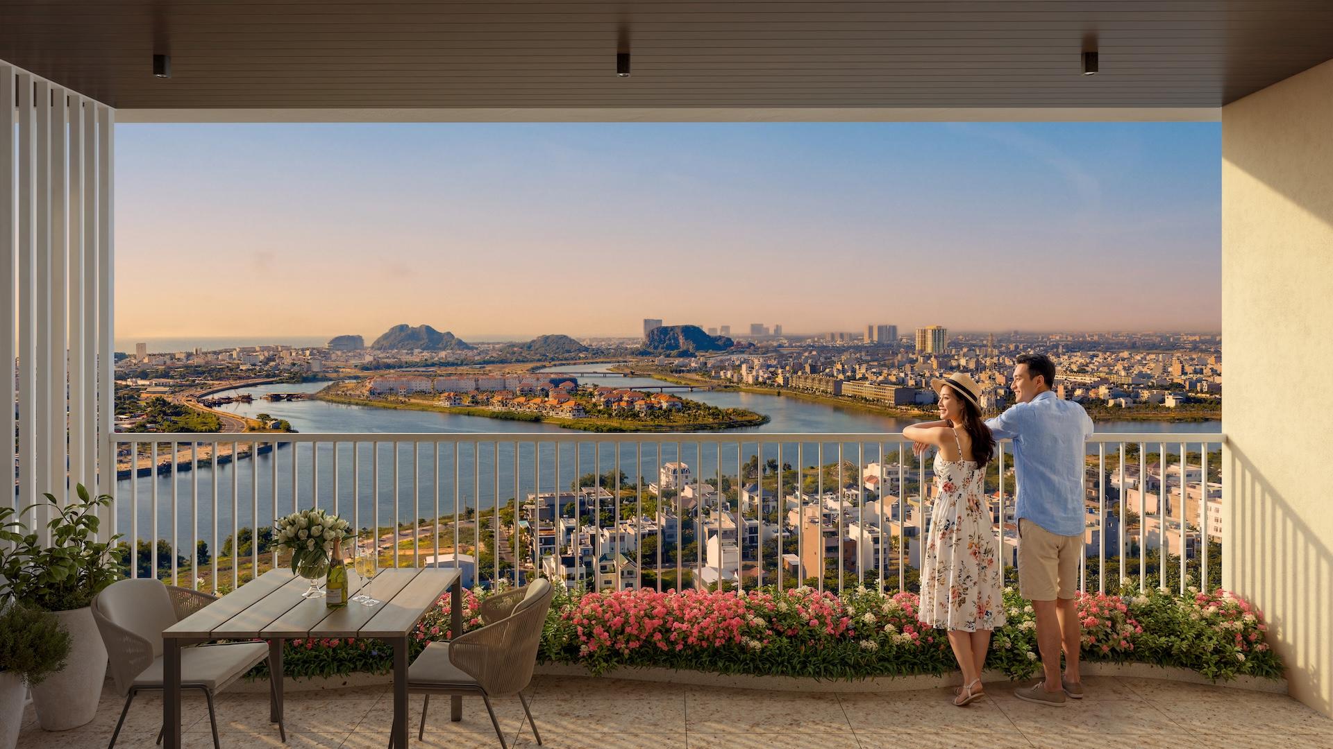 Tầm nhìn panorama đắt giá từ ban công penthouse mang đến đặc quyền thưởng lãm cảnh quan trọn vẹn mà vẫn đảm bảo tính riêng tư. Ảnh minh họa: Sun Property.