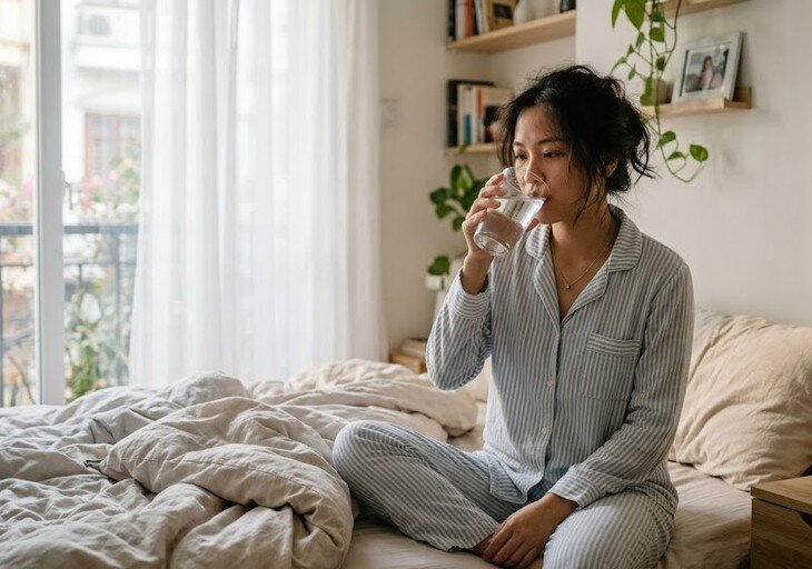 Hiện không có bằng chứng cho thấy uống nước trước hay sau khi đánh răng vào buổi sáng tạo ra sự khác biệt đáng kể đối với sức khỏe. Ảnh: AI.
