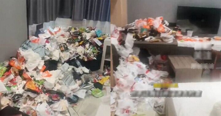 Một cặp đôi ở Tứ Xuyên lưu trú tại khách sạn 145 ngày, sau khi họ trả phòng, căn phòng ngập tràn rác thải. (Ảnh: Weibo/People’s Concern)