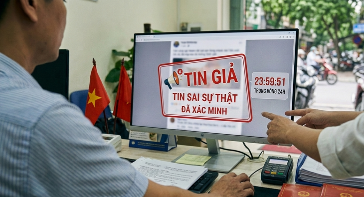Từ 5/10, tin giả, tin sai sự thật sẽ gắn nhãn trong 24 giờ kể từ khi cơ quan chức năng tiến hành kiểm tra, kiểm chứng. Ảnh minh hoạ bởi AI
