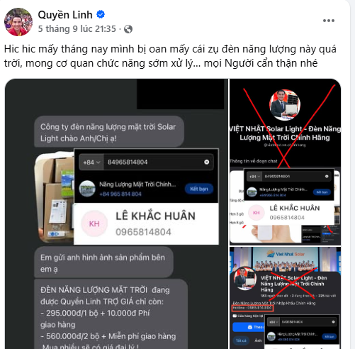 Quyền Linh lên tiếng khi hình ảnh bị sử dụng quảng cáo đèn năng lượng mặt trời. Ảnh: Chụp từ FBNV