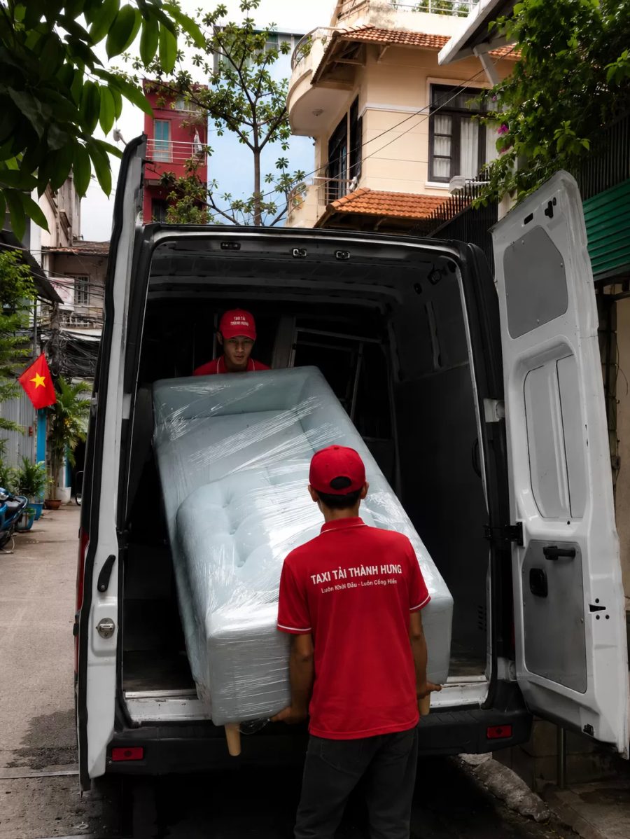 Nhân viên Thành Hưng đưa nội thất ra khỏi nhà cũ. Ảnh: Thành Hưng
