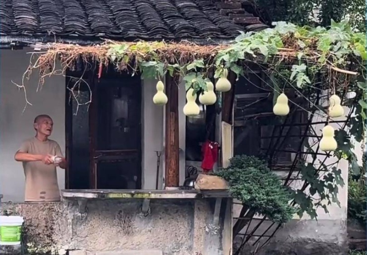 Ông Chen bên giàn hồ lô trước nhà. Ảnh cắt từ video