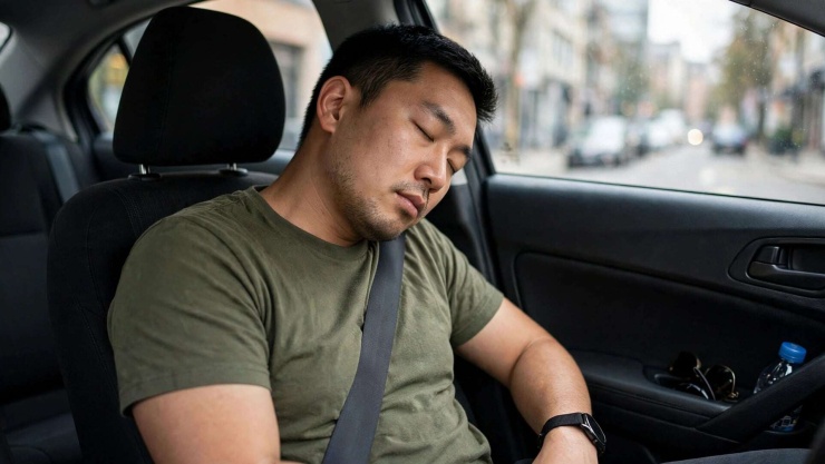 Trước khi đột quỵ, người bệnh ngủ trên ô tô trong một chặng đường dài, đầu và cổ duy trì ở tư thế lệch, gập trong thời gian kéo dài. Ảnh minh hoạ AI