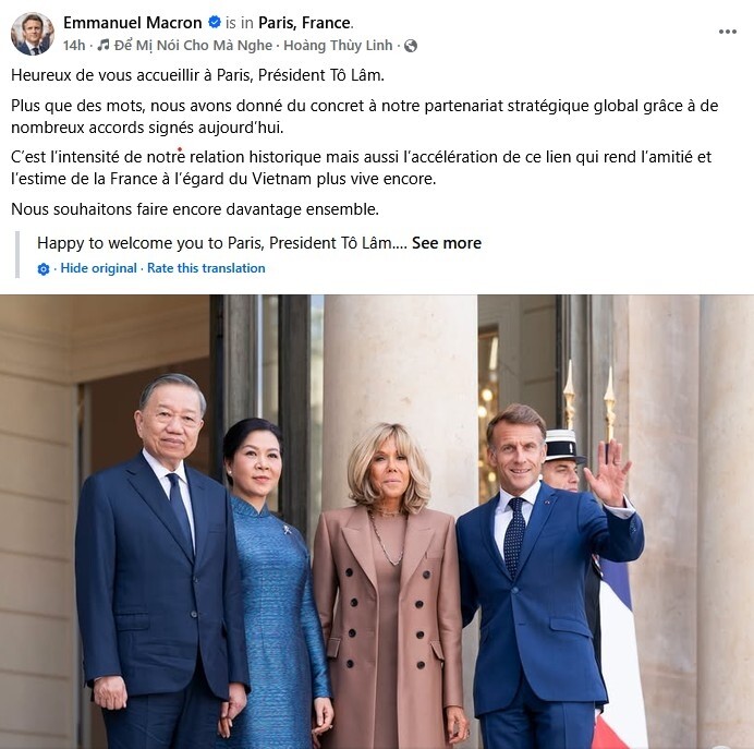 Lời chúc mừng của Tổng thống Pháp Emmanuel Macron sau cuộc hội đàm với Tổng Bí thư, Chủ tịch nước Tô Lâm ngày 10/9