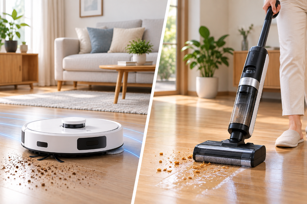Robot và máy hút bụi, lau nhà cầm tay là hai thiết bị gia dụng đang dần phổ biến.