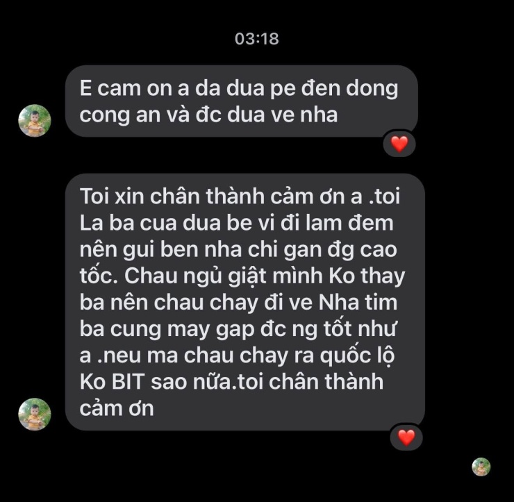 Người cha nhắn tin cảm ơn anh Hoài. Ảnh: Hữu Hoài