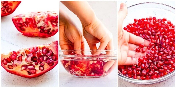 Bóc lựu nhẹ nhàng trong nước là cách nhanh chóng mà không sợ bẩn tay. (Ảnh: Kitchn)