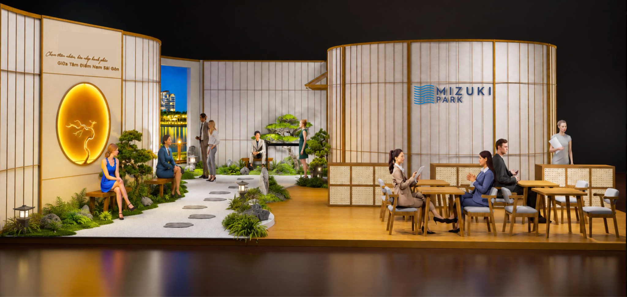 Mizuki Park đưa tinh thần Vườn Nhật vào không gian triển lãm.