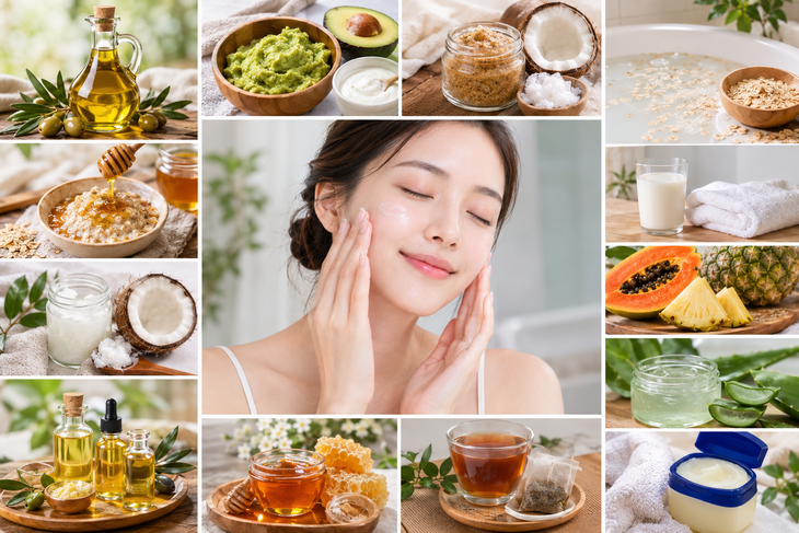 Những nguyên liệu quen thuộc tự nhiên có thể hỗ trợ cải thiện da khô tại nhà. Ảnh minh họa AI.