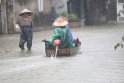 Sông Tích tràn bờ, dân ven đô Hà Nội chèo thuyền mua mì tôm, chăng lưới chắn rác trước nhà